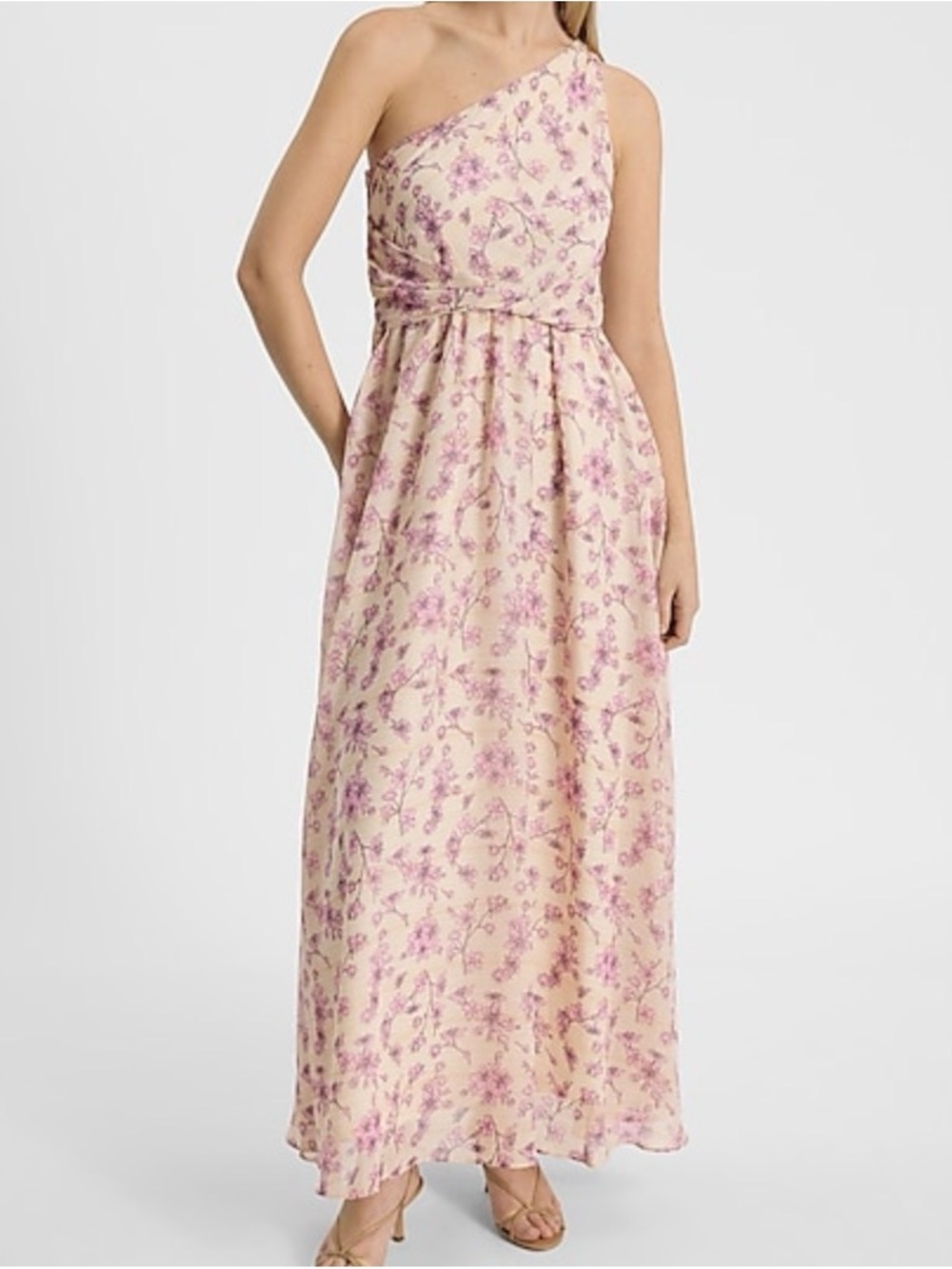 Express Metallic Floral One Shoulder pleated Maxi Dress